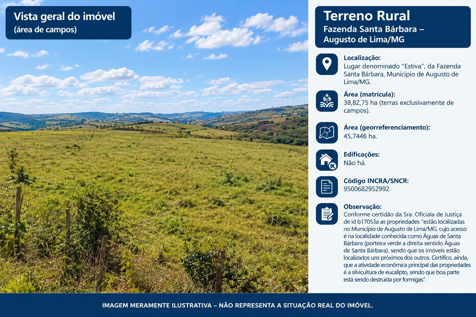 ÁREA DE 38,82,75 HA | LUGAR DENOMINADO “ESTIVA” | DA FAZENDA SANTA BÁRBARA | AUGUSTO DE LI em Augusto de Lima/MG
